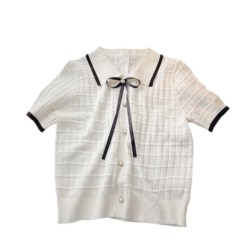 [US warehouse] knitted lapel slim T-shirt women's short top casual T-shirt short-sleeved top bottoming shirt