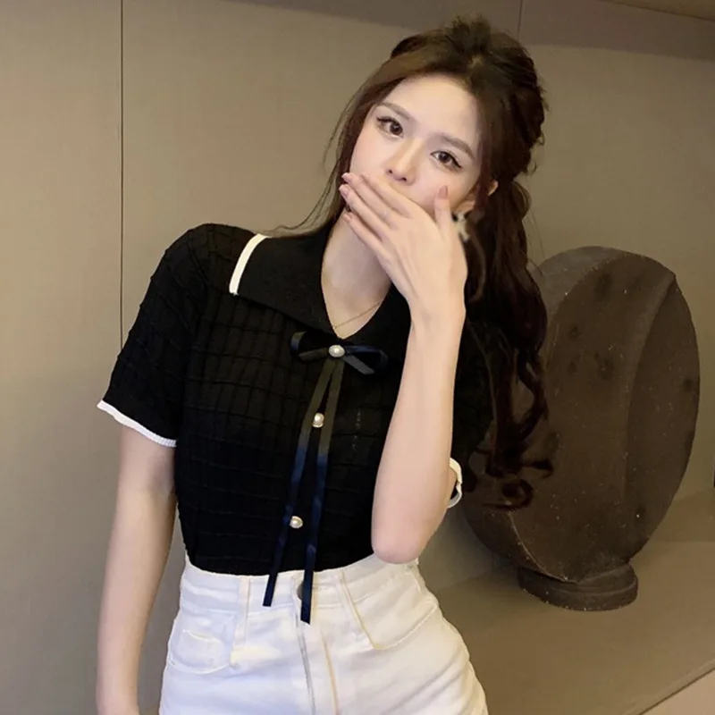 [US warehouse] knitted lapel slim T-shirt women's short top casual T-shirt short-sleeved top bottoming shirt