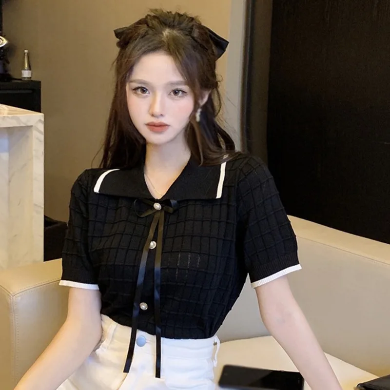 [US warehouse] knitted lapel slim T-shirt women's short top casual T-shirt short-sleeved top bottoming shirt
