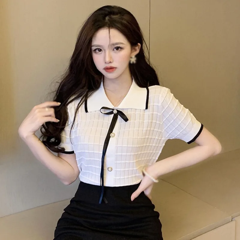 [US warehouse] knitted lapel slim T-shirt women's short top casual T-shirt short-sleeved top bottoming shirt
