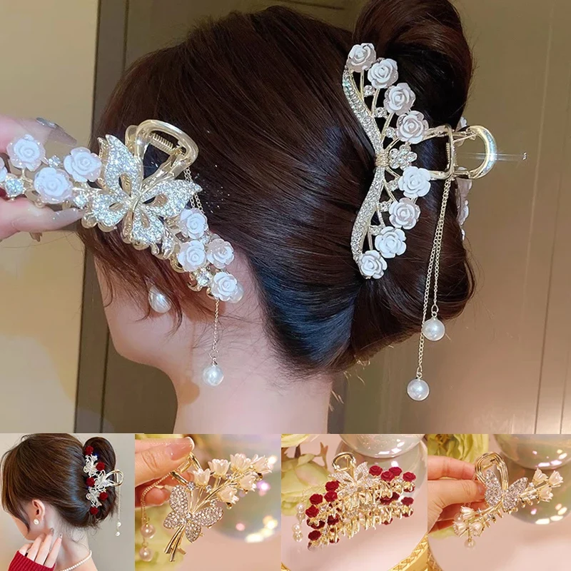 [US warehouse] Light luxury rhinestone lily of the valley tassel hairpin flower rose butterfly claw clip shark hair claw hairpin hair accessories