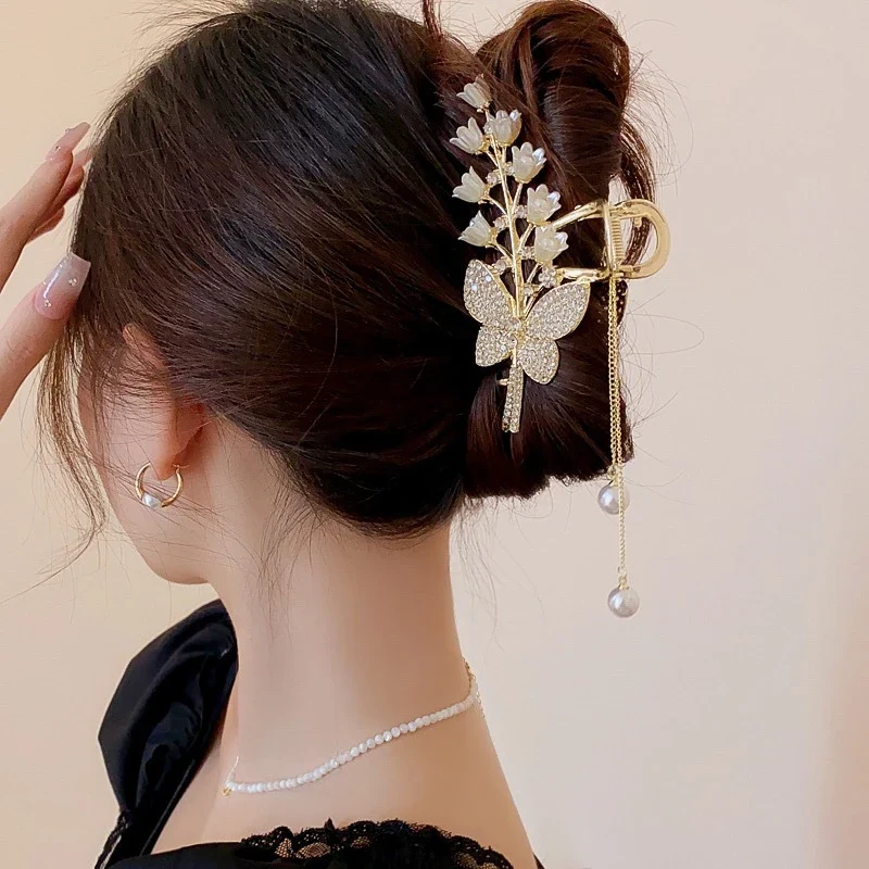 [US warehouse] Light luxury rhinestone lily of the valley tassel hairpin flower rose butterfly claw clip shark hair claw hairpin hair accessories
