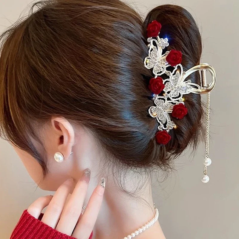 [US warehouse] Light luxury rhinestone lily of the valley tassel hairpin flower rose butterfly claw clip shark hair claw hairpin hair accessories