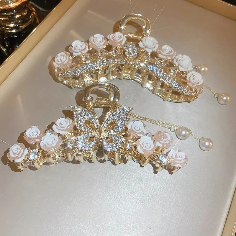 [US warehouse] Light luxury rhinestone lily of the valley tassel hairpin flower rose butterfly claw clip shark hair claw hairpin hair accessories