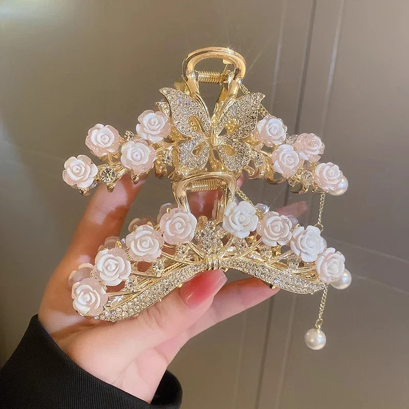 [US warehouse] Light luxury rhinestone lily of the valley tassel hairpin flower rose butterfly claw clip shark hair claw hairpin hair accessories