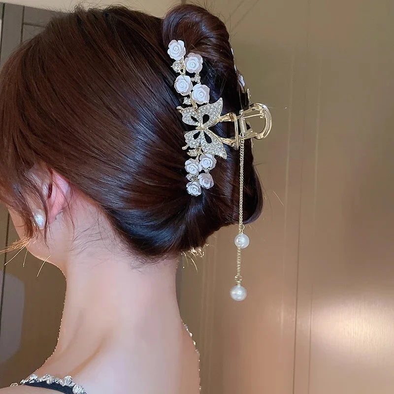 [US warehouse] Light luxury rhinestone lily of the valley tassel hairpin flower rose butterfly claw clip shark hair claw hairpin hair accessories