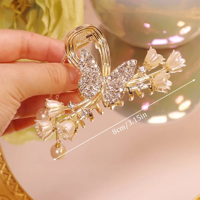 [US warehouse] Light luxury rhinestone lily of the valley tassel hairpin flower rose butterfly claw clip shark hair claw hairpin hair accessories