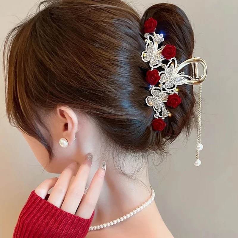 [US warehouse] Light luxury rhinestone lily of the valley tassel hairpin flower rose butterfly claw clip shark hair claw hairpin hair accessories