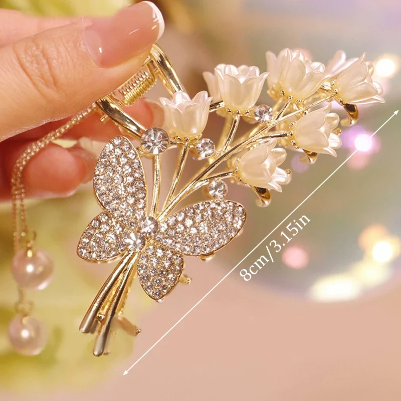 [US warehouse] Light luxury rhinestone lily of the valley tassel hairpin flower rose butterfly claw clip shark hair claw hairpin hair accessories