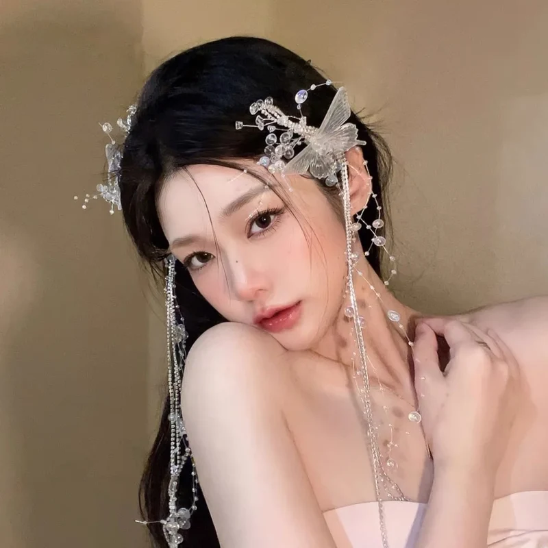 [US warehouse] Fashion butterfly beads tassel hairpin wings for women and girls draped hairpin side clip Korean style jewelry accessories