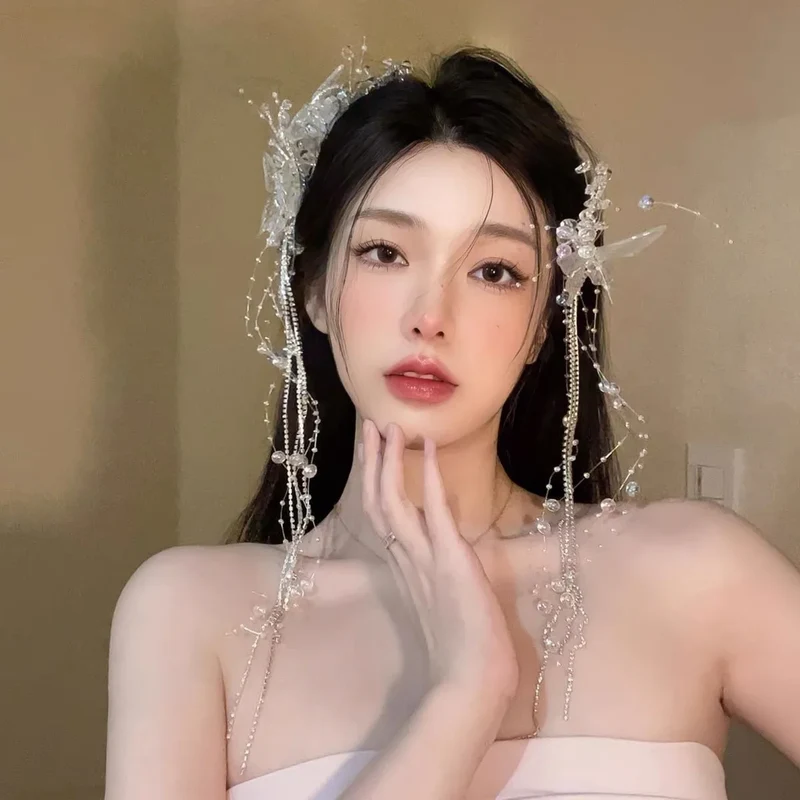 [US warehouse] Fashion butterfly beads tassel hairpin wings for women and girls draped hairpin side clip Korean style jewelry accessories