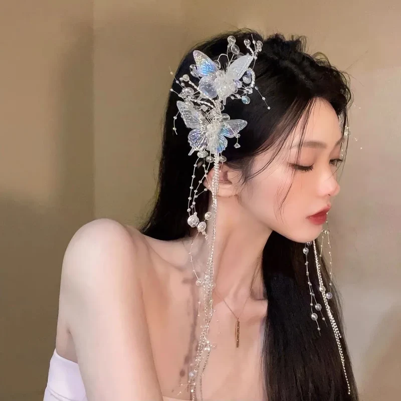 [US warehouse] Fashion butterfly beads tassel hairpin wings for women and girls draped hairpin side clip Korean style jewelry accessories
