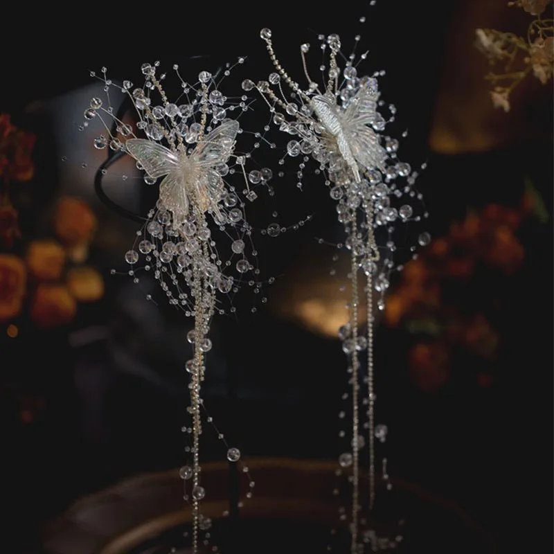 [US warehouse] Fashion butterfly beads tassel hairpin wings for women and girls draped hairpin side clip Korean style jewelry accessories