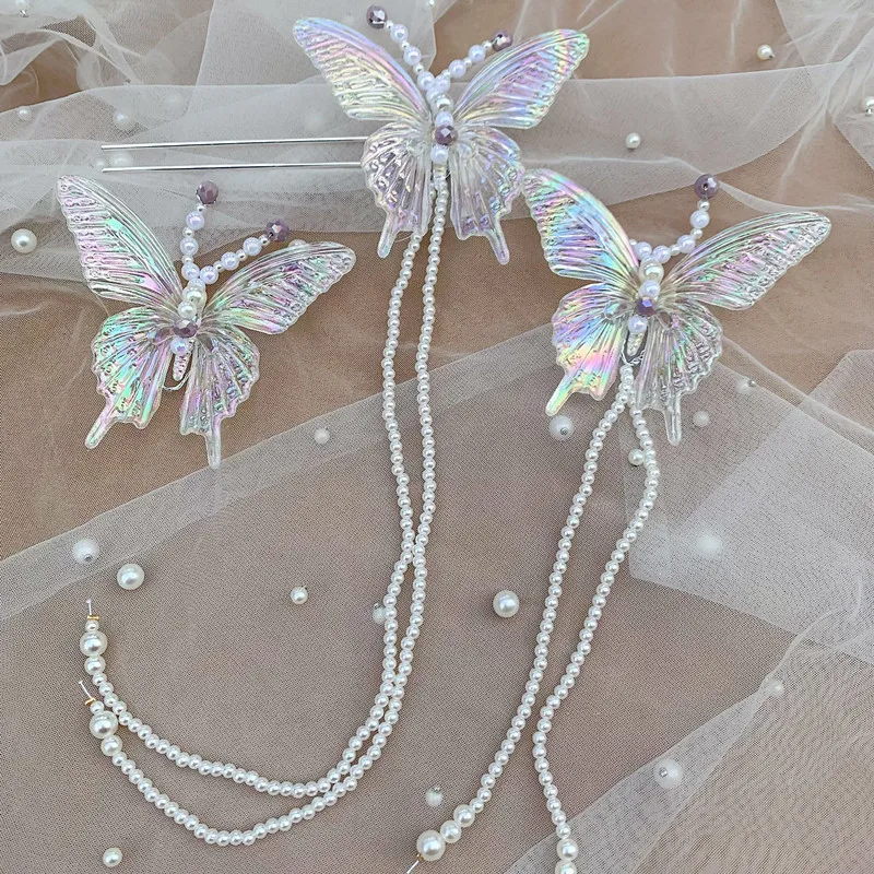[US warehouse] Fashion butterfly beads tassel hairpin wings for women and girls draped hairpin side clip Korean style jewelry accessories