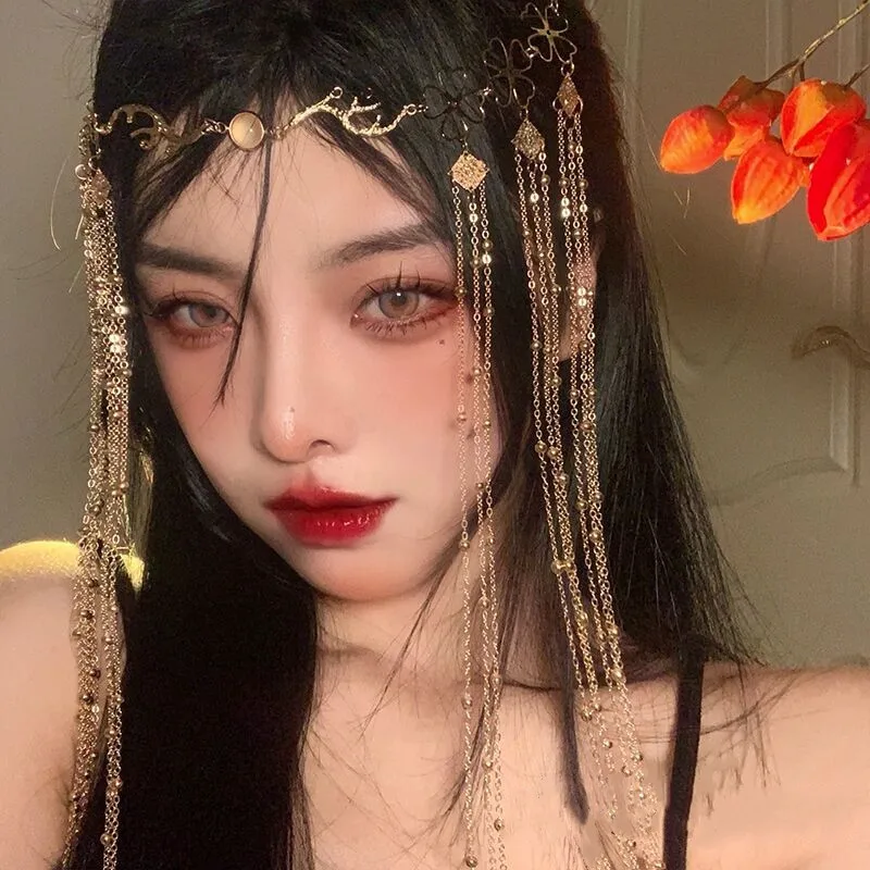 [US warehouse] Fairy long tassel veil hair accessories forehead chain face curtain retro luxury crystal Christmas headdress women's hair accessories