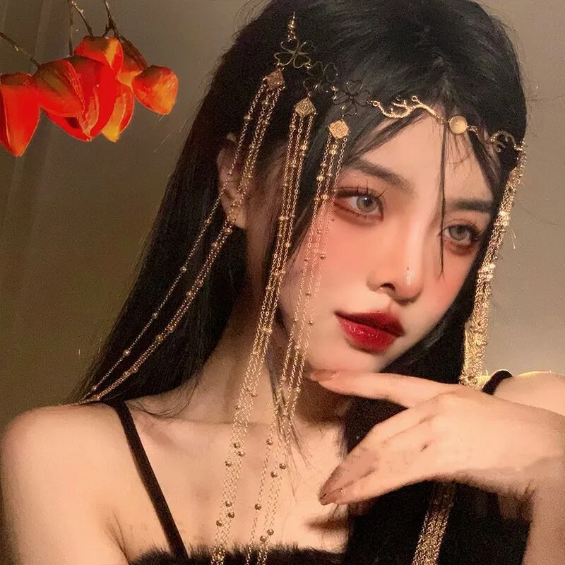 [US warehouse] Fairy long tassel veil hair accessories forehead chain face curtain retro luxury crystal Christmas headdress women's hair accessories
