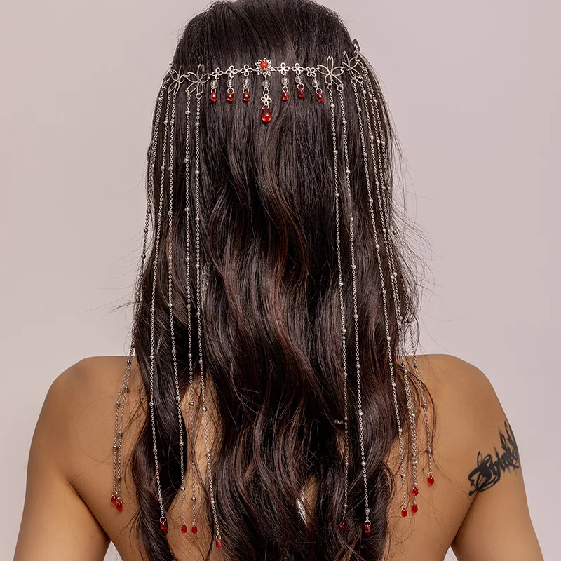 [US warehouse] Fairy long tassel veil hair accessories forehead chain face curtain retro luxury crystal Christmas headdress women's hair accessories