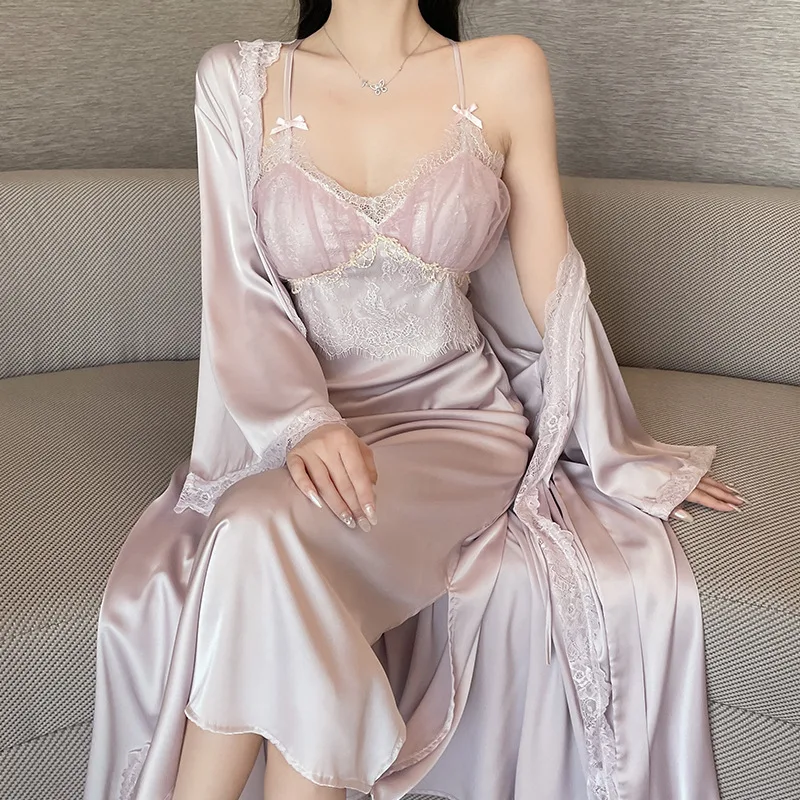 [US warehouse] Elegant robe set sexy home robe lace kimono bathrobe backless robe set private underwear robe