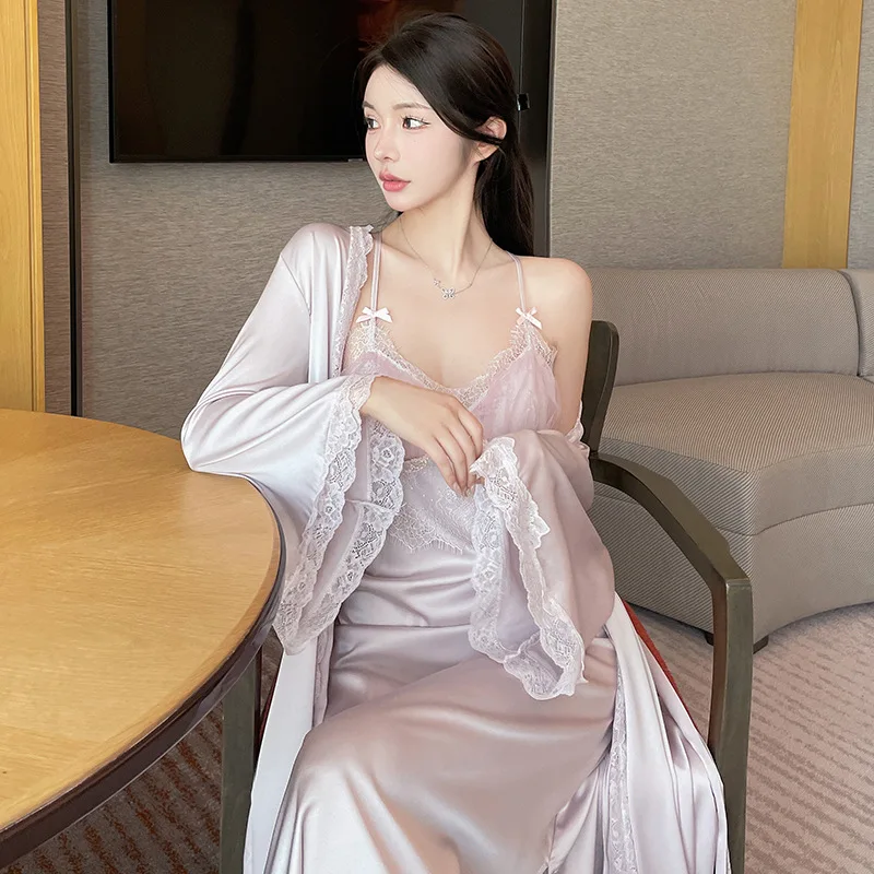 [US warehouse] Elegant robe set sexy home robe lace kimono bathrobe backless robe set private underwear robe
