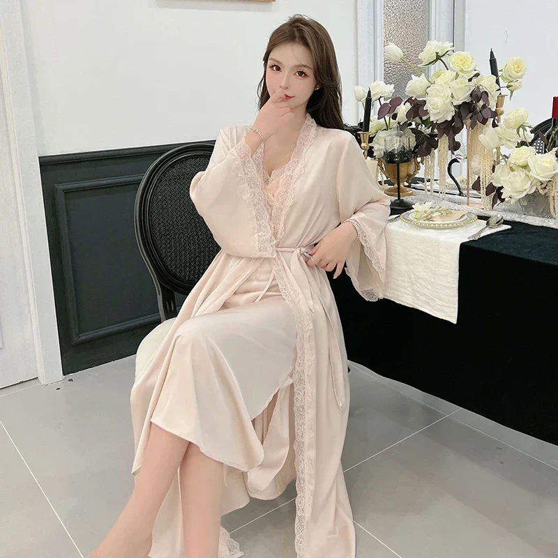 [US warehouse] Elegant robe set sexy home robe lace kimono bathrobe backless robe set private underwear robe