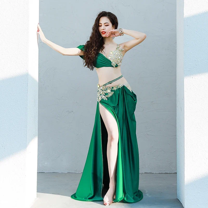 [US warehouse] belly dance costume diamond strap bra slit big swing skirt performance suit oriental dance competition costume