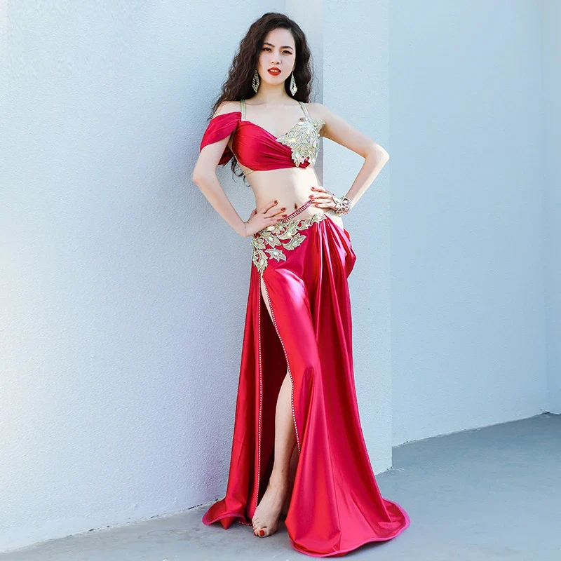 [US warehouse] belly dance costume diamond strap bra slit big swing skirt performance suit oriental dance competition costume