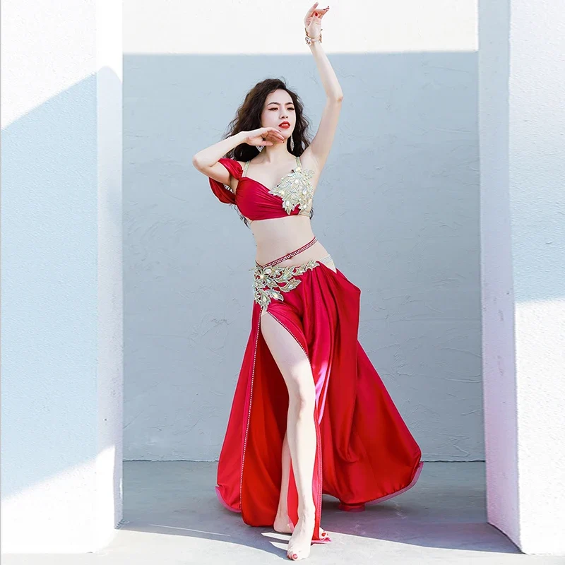 [US warehouse] belly dance costume diamond strap bra slit big swing skirt performance suit oriental dance competition costume