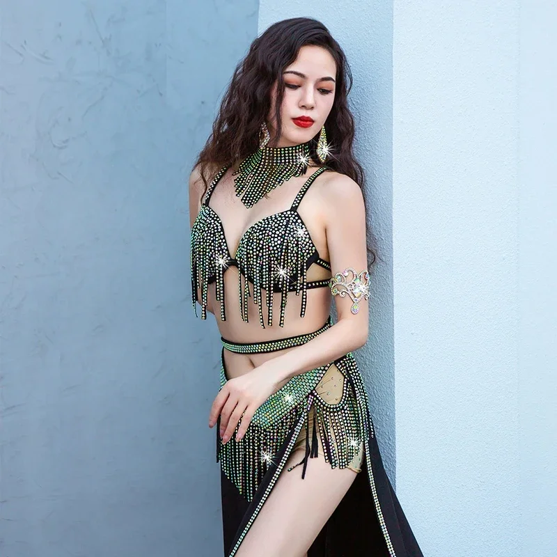 [US warehouse] belly dance suit diamond tassel bra long skirt performance suit women's oriental dance suit competition costume