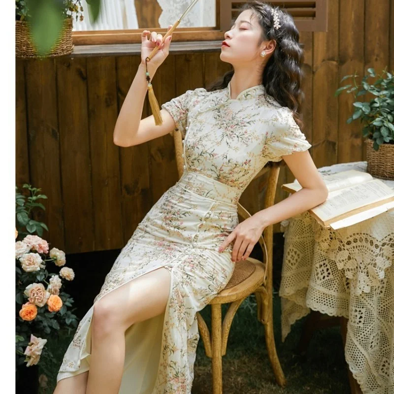 [US warehouse] Cheongsam Chinese traditional clothing embroidery retro modified cheongsam oriental floral dress