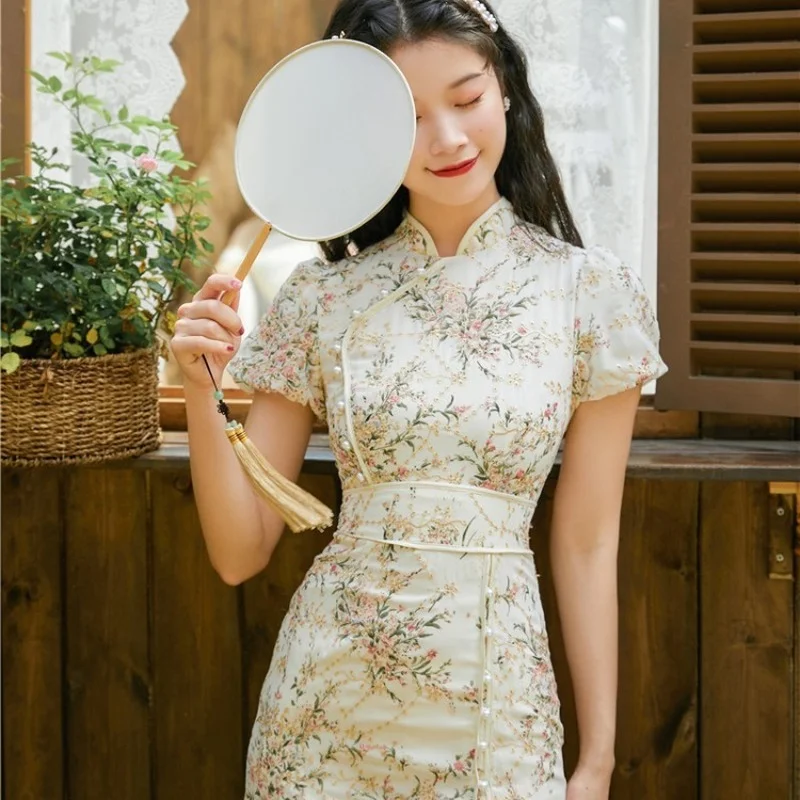 [US warehouse] Cheongsam Chinese traditional clothing embroidery retro modified cheongsam oriental floral dress