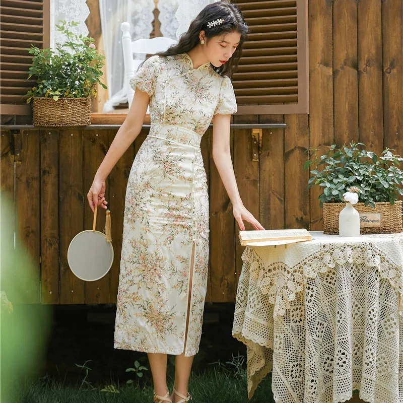 [US warehouse] Cheongsam Chinese traditional clothing embroidery retro modified cheongsam oriental floral dress