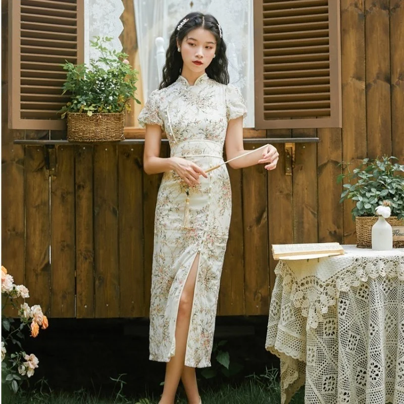 [US warehouse] Cheongsam Chinese traditional clothing embroidery retro modified cheongsam oriental floral dress