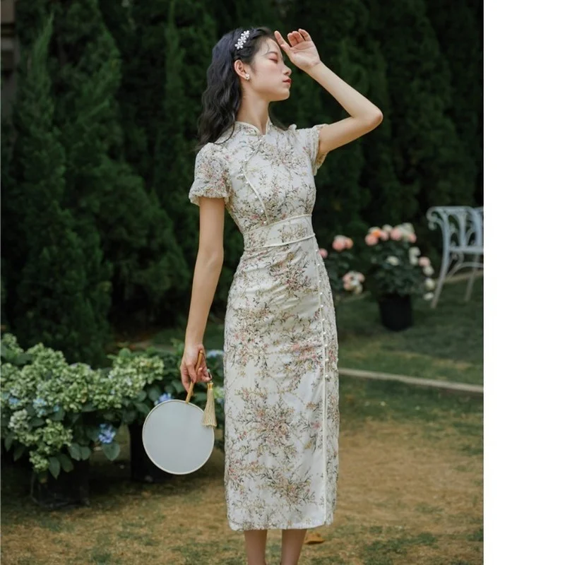 [US warehouse] Cheongsam Chinese traditional clothing embroidery retro modified cheongsam oriental floral dress