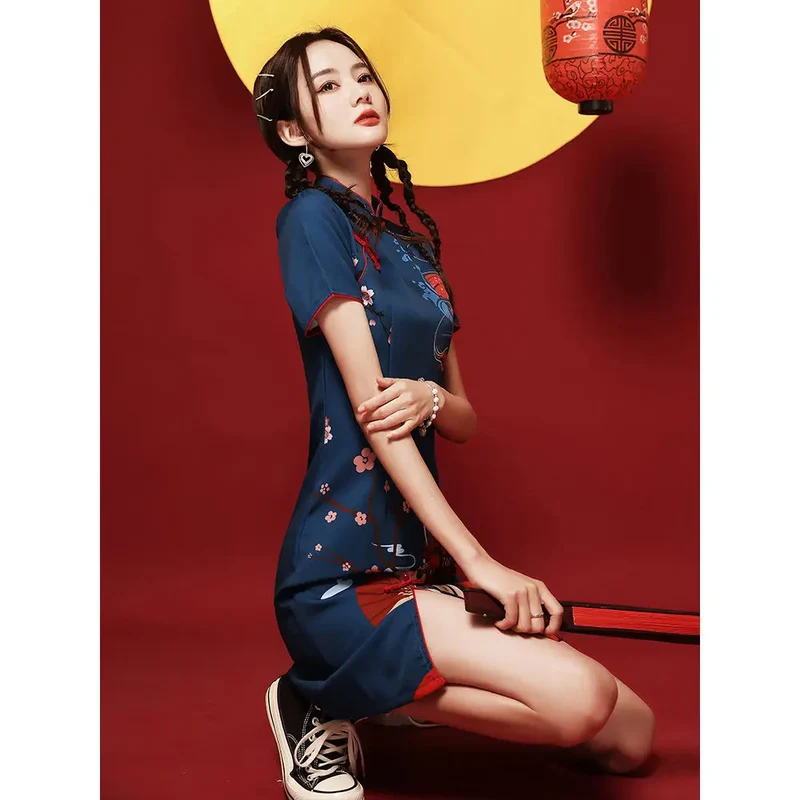 [US warehouse] National trend modern Chinese dress cheongsam A-line skirt women's cheongsam Chinese traditional improved cheongsam dress