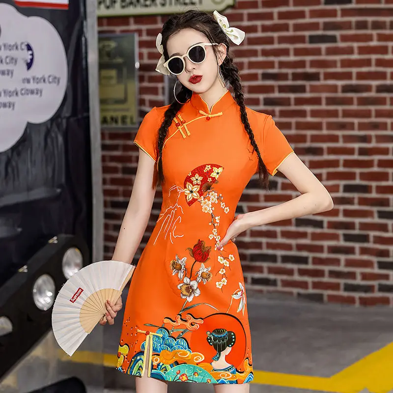[US warehouse] National trend modern Chinese dress cheongsam A-line skirt women's cheongsam Chinese traditional improved cheongsam dress