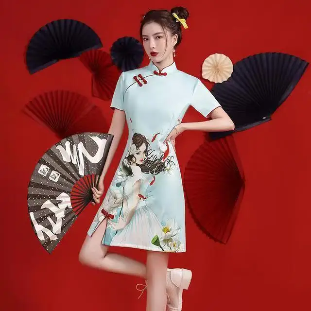 [US warehouse] National trend modern Chinese dress cheongsam A-line skirt women's cheongsam Chinese traditional improved cheongsam dress