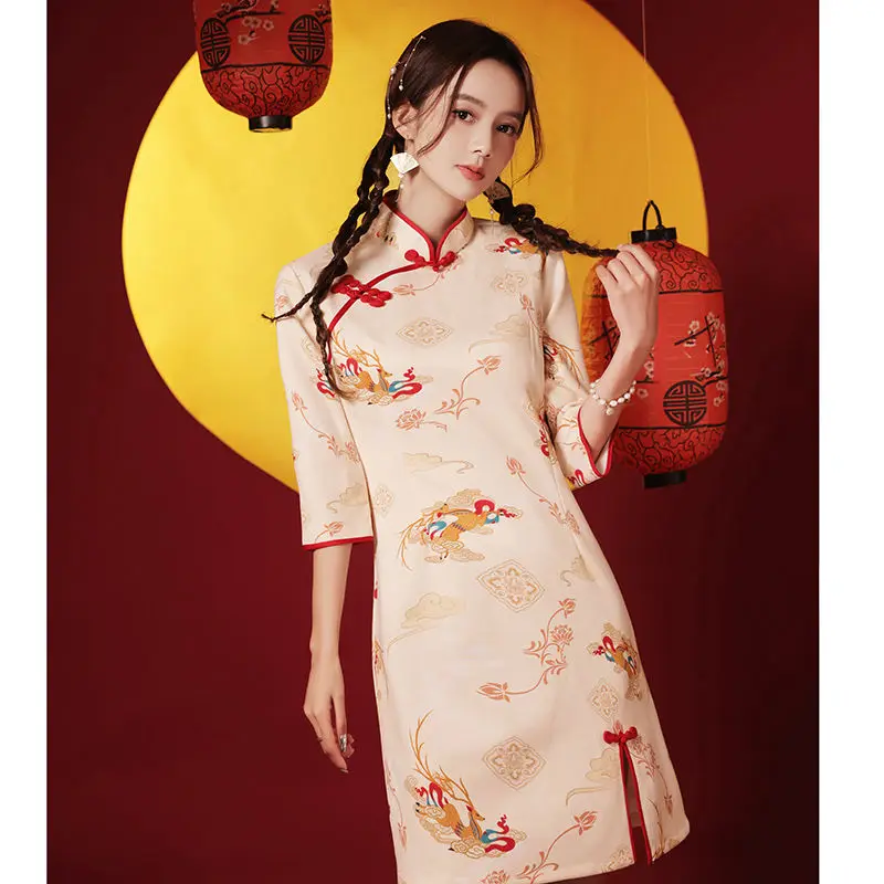 [US warehouse] National trend modern Chinese dress cheongsam A-line skirt women's cheongsam Chinese traditional improved cheongsam dress