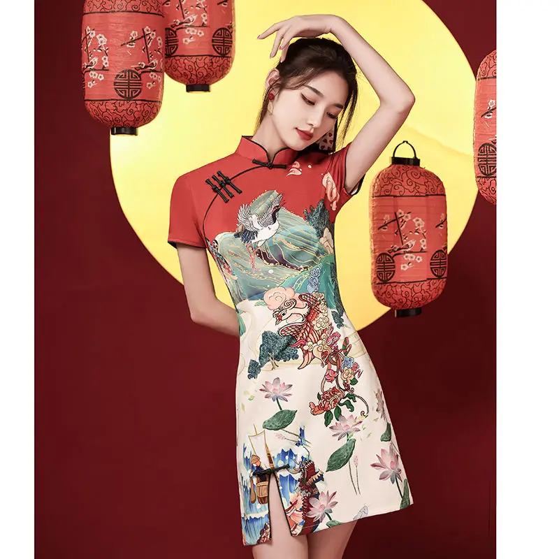 [US warehouse] National trend modern Chinese dress cheongsam A-line skirt women's cheongsam Chinese traditional improved cheongsam dress