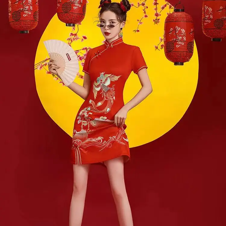 [US warehouse] National trend modern Chinese dress cheongsam A-line skirt women's cheongsam Chinese traditional improved cheongsam dress