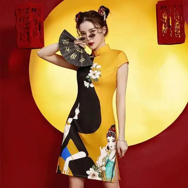 [US warehouse] National trend modern Chinese dress cheongsam A-line skirt women's cheongsam Chinese traditional improved cheongsam dress