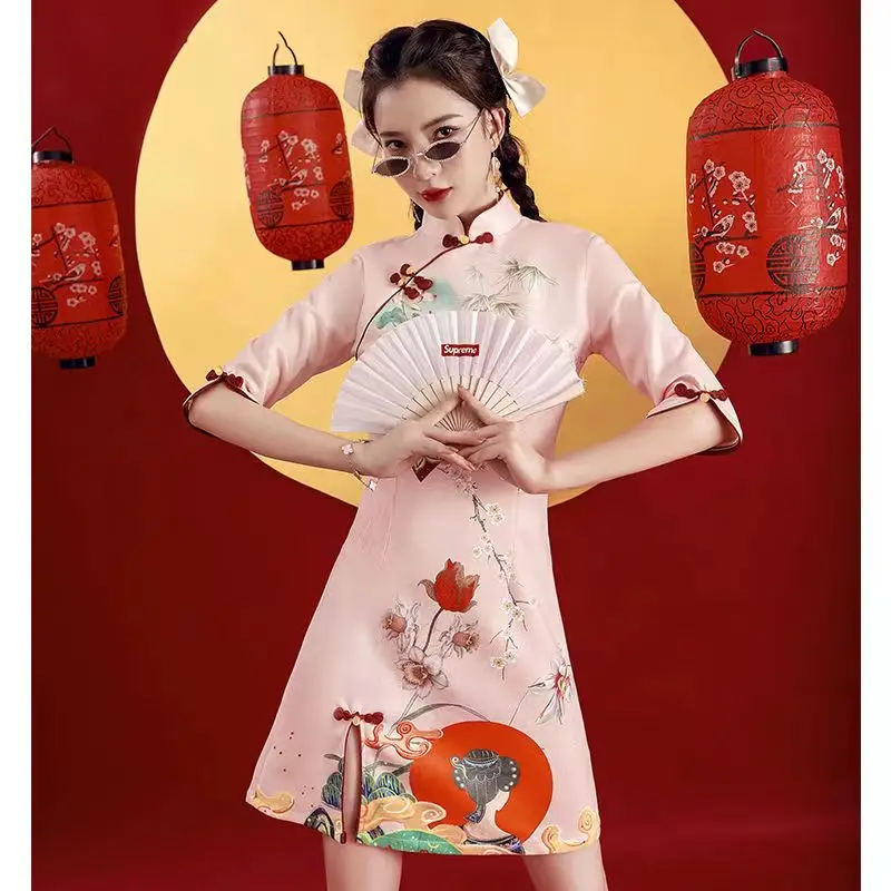 [US warehouse] National trend modern Chinese dress cheongsam A-line skirt women's cheongsam Chinese traditional improved cheongsam dress