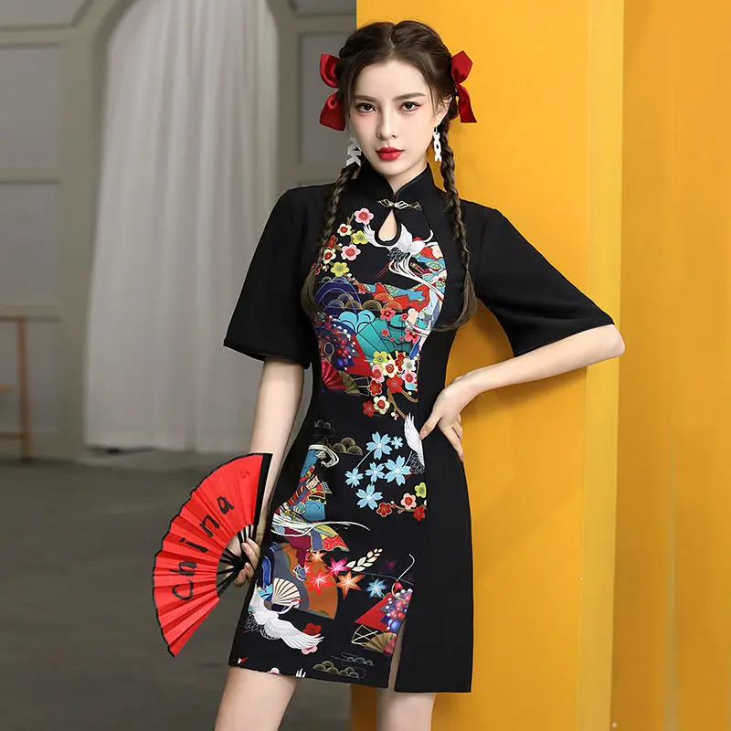 [US warehouse] National trend modern Chinese dress cheongsam A-line skirt women's cheongsam Chinese traditional improved cheongsam dress