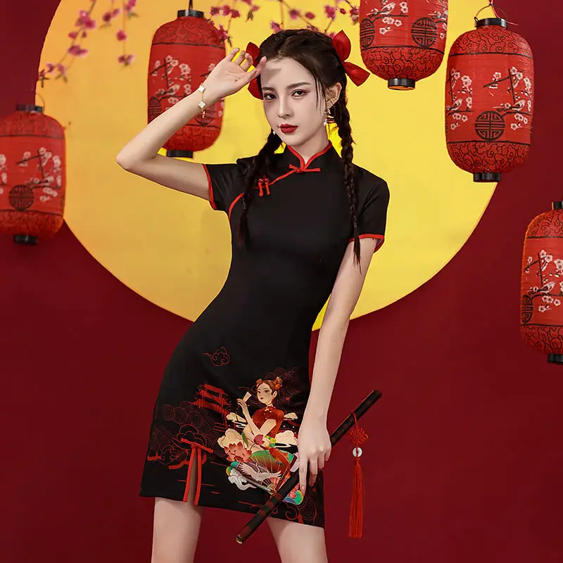[US warehouse] National trend modern Chinese dress cheongsam A-line skirt women's cheongsam Chinese traditional improved cheongsam dress
