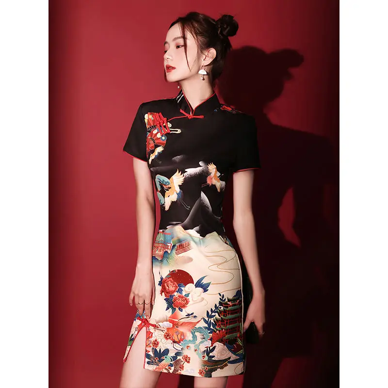 [US warehouse] National trend modern Chinese dress cheongsam A-line skirt women's cheongsam Chinese traditional improved cheongsam dress