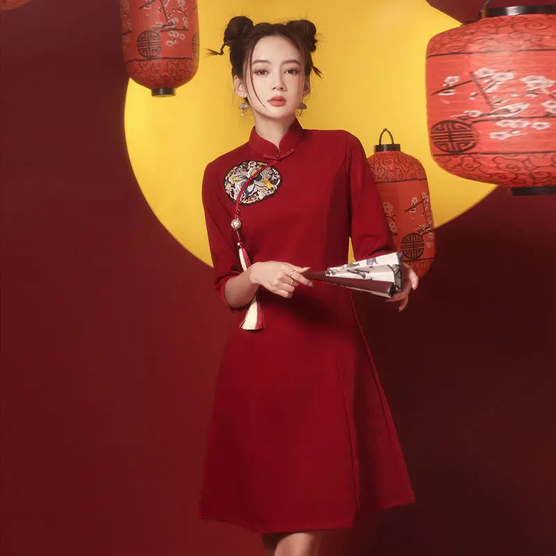 [US warehouse] National trend modern Chinese dress cheongsam A-line skirt women's cheongsam Chinese traditional improved cheongsam dress