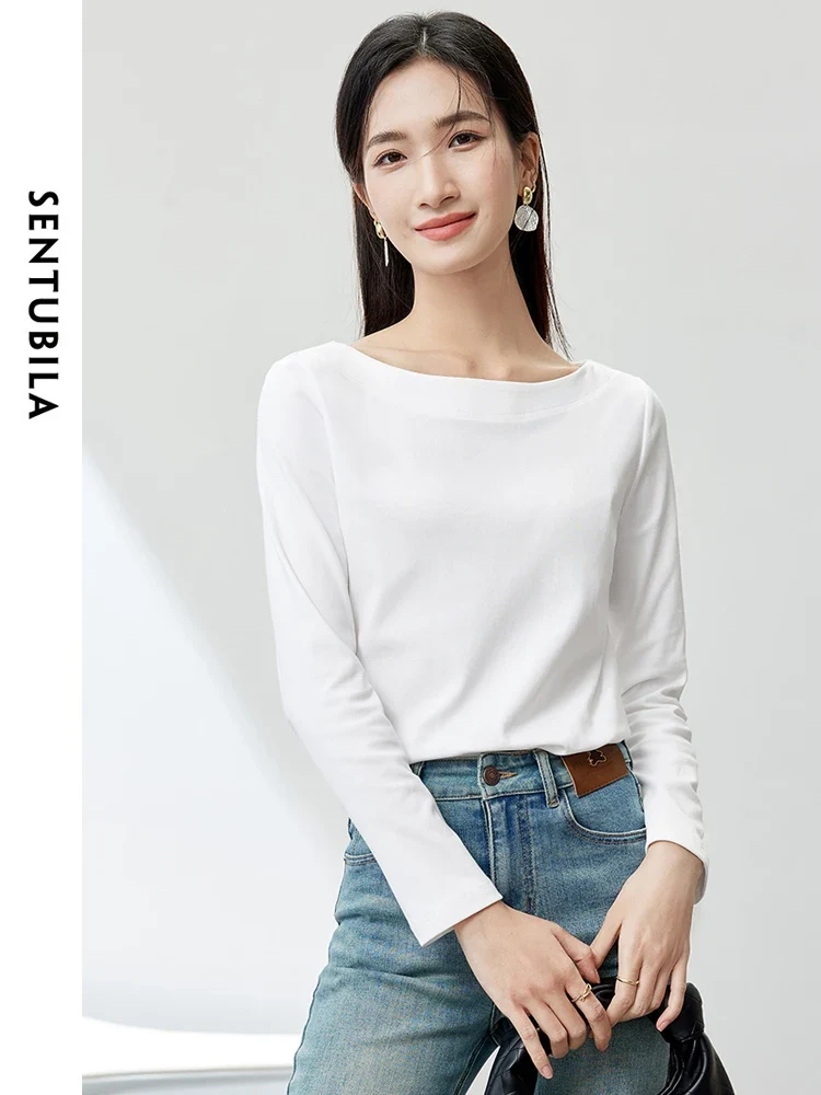 [US warehouse] SENTUBILA women's cotton T-shirt simple long-sleeved top solid color basic T-shirt women's pullover