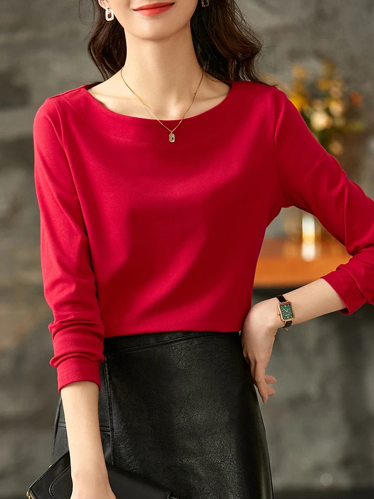 [US warehouse] SENTUBILA women's cotton T-shirt simple long-sleeved top solid color basic T-shirt women's pullover
