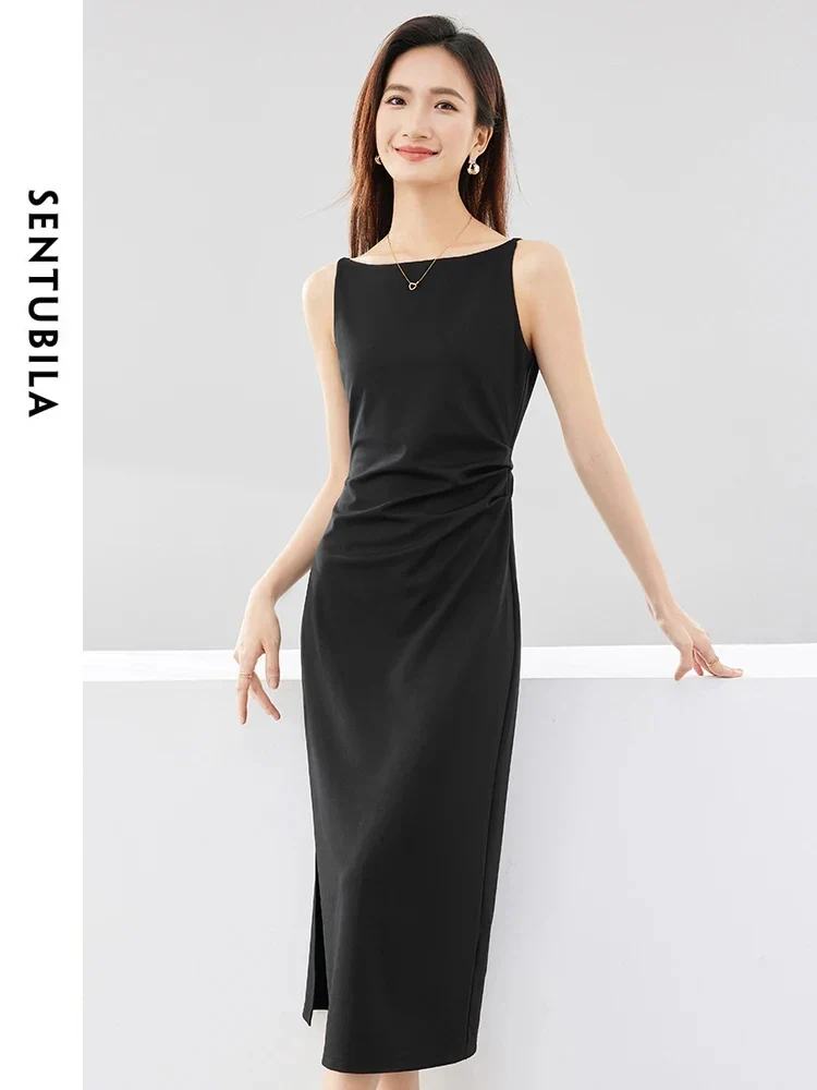 [US warehouse] SENTUBILA pleated black dress women's party slim temperament oblique collar sleeveless women's mid-length dress