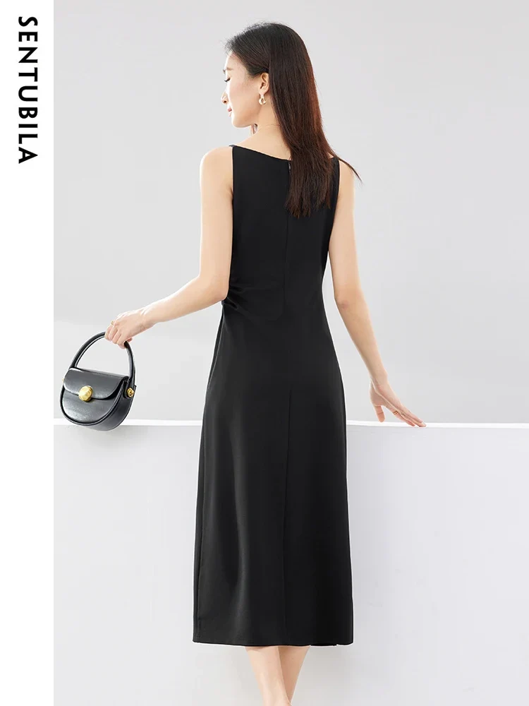 [US warehouse] SENTUBILA pleated black dress women's party slim temperament oblique collar sleeveless women's mid-length dress