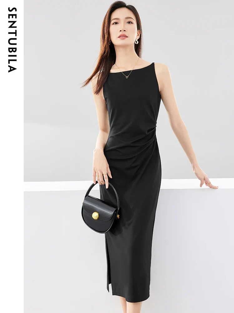 [US warehouse] SENTUBILA pleated black dress women's party slim temperament oblique collar sleeveless women's mid-length dress